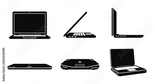 Silhouette set of laptop views in different angles for tech design