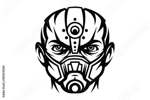 Cybernetic woman with symmetrical dark hair and futuristic interfaces creates a distinct appearance