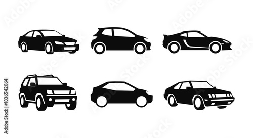 Set of car silhouettes featuring various models and types in black and white
