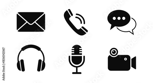 Communication icons set: silhouette email, phone, chat, headphones, microphone, camera