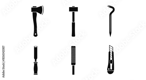Collection of hand tools silhouette set in black: axe, hammer, crowbar, chisel, rasp, utility knife