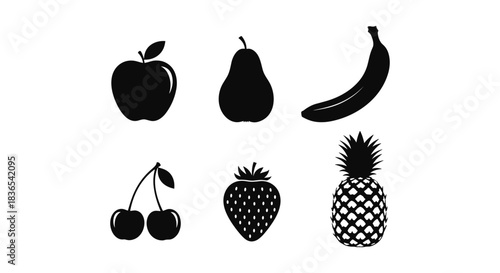 Fruit silhouettes: apple, pear, banana, cherries, strawberry, pineapple
