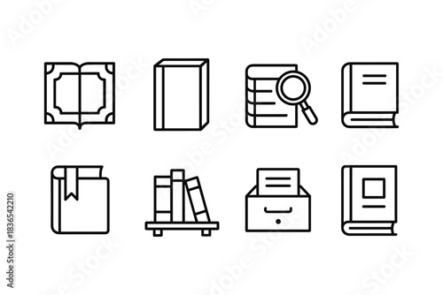 Minimalist book and library icons set with linear design for digital use
