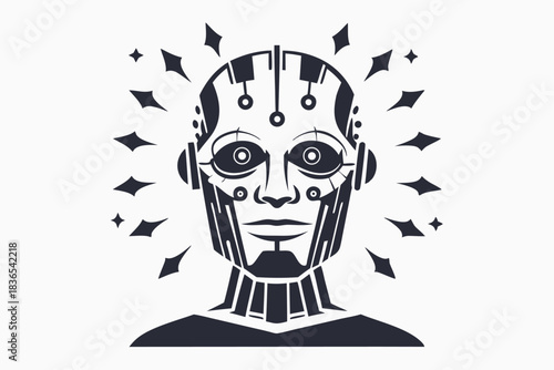 Line art shows the face of humanoid robot with intricate mechanical details