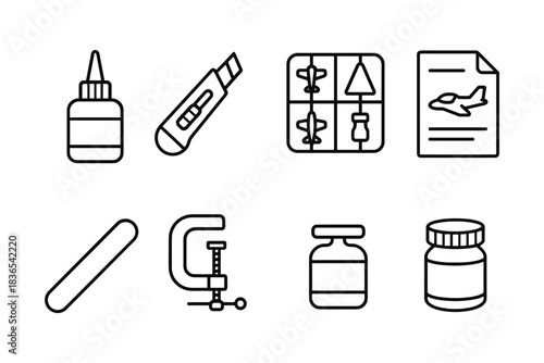 Simple line icons of modeling tools and accessories for craft projects