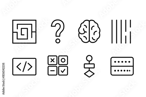 Minimalist icon set representing technology, artificial intelligence, and problem solving concepts