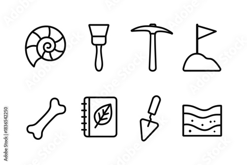 Archaeology tool icons: linear design collection for excavation and discovery themes