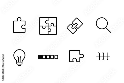 Minimalistic puzzle and innovation icons in line art style