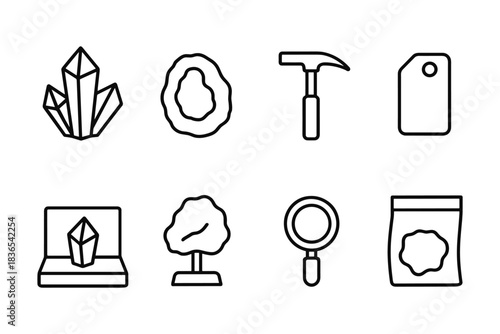 Flat icon set of geological elements: crystals, fossils, tools, and labels
