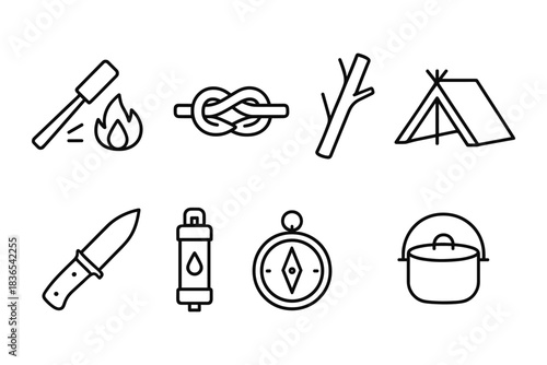 Camping essentials icons: minimalist black line illustrations of outdoor tools and gear