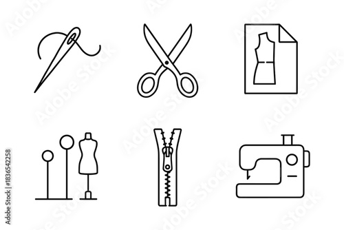 Sewing tools linear icons: needle, scissors, patterns, dress form, zipper, sewing machine