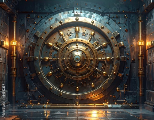 A colossal, ornate vault door dominates the frame, exuding a sense of security. Its intricate details and warm lightings add to the allure
