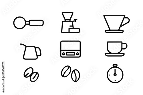 Minimalist coffee tools icons: grinder, dripper, and cup collection in line art style