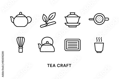 Minimalist tea craft icons featuring teapots, leaves, and cups