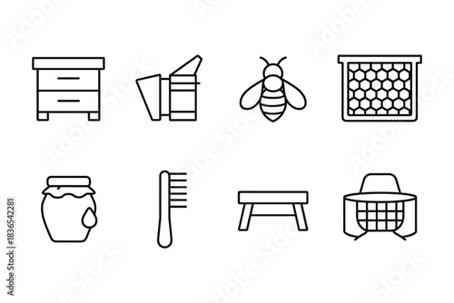 Minimalist beekeeping icons: honey bee, hive, honeycomb, tools, and furniture
