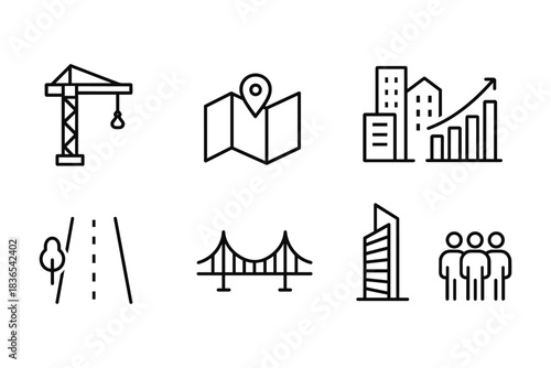 Urban development and infrastructure icons in minimalist linear style