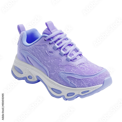 Light purple athletic sneaker with white chunky sole, mesh upper, and detailed laces on an isolated background