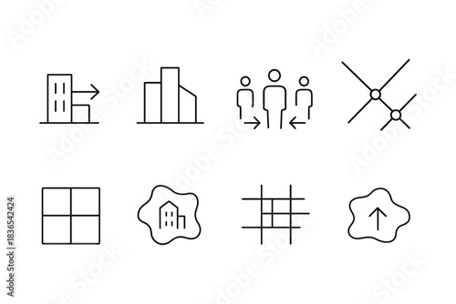 Minimalist line icons of urban development and navigation concepts