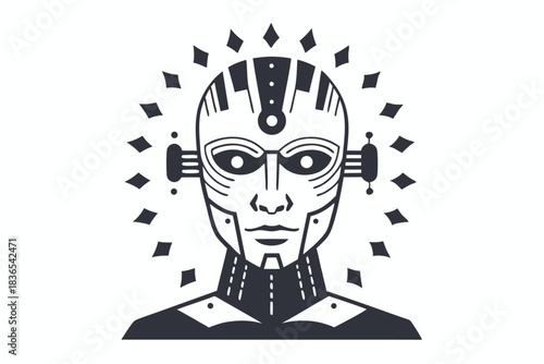 Black and white humanlike cyborg face displays intricate mechanical details within a circular tribal pattern