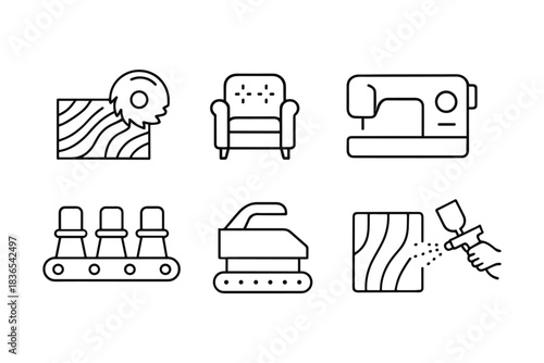 Linear furniture manufacturing icons: seamless production process and design tools