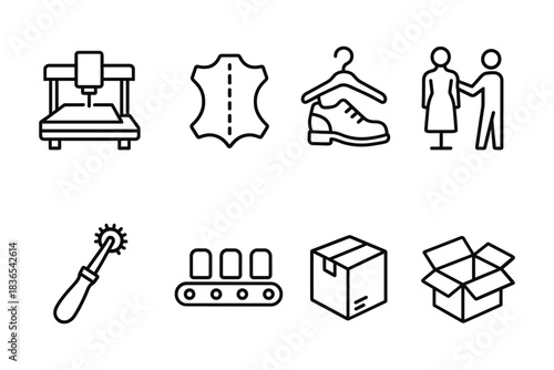 Flat icons of clothing manufacturing process and equipment