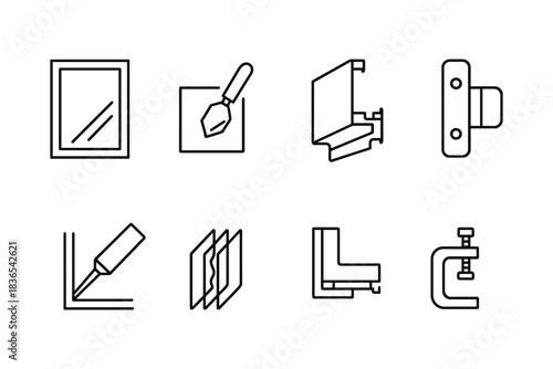 Home construction and maintenance tools in modern black outline design