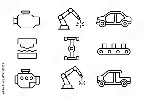 Linear icons of automotive manufacturing and vehicle design