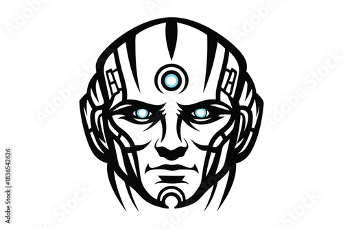 Striking stylized robotic head displays intricate geometric paneling and piercing white eyes in dark monotone