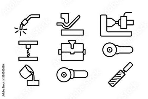 Industrial tool icons set: welding, drilling, manufacturing, and metalwork