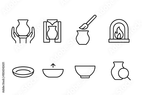 Pottery making icons: crafting, molding, painting, firing in linear style