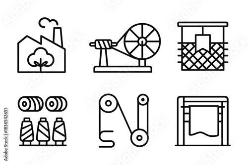 Linear icons of textile manufacturing processes and equipment