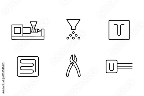 Simple linear icons of plastic injection molding and equipment