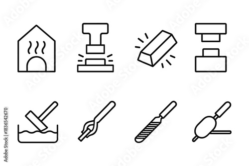 Linear icons of metal forging tools and processes in black and white