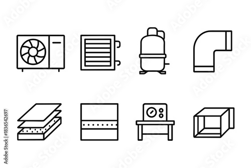 Hvac system icons set with line art style illustrating equipment and components