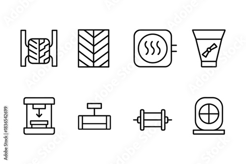 Set of linear icons representing various industrial tools and devices
