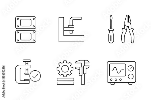 Industrial tool icons: minimalist linear set with various equipment symbols