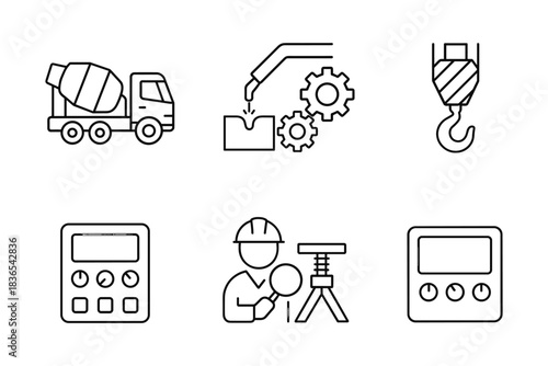 Construction icons set: machinery, tools, and equipment in linear style