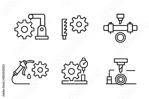 Industrial manufacturing icons set featuring line art of gears, levers, and machine tools