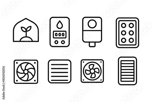 Smart gardening icons set featuring sensors and ventilation systems