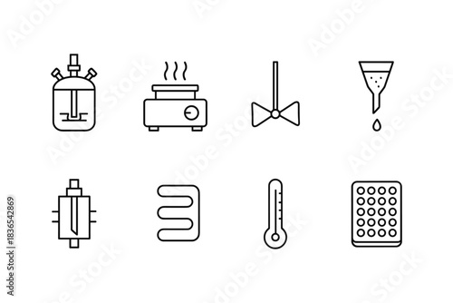 Linear lab equipment icons: beaker, heater, filter, thermometer and more