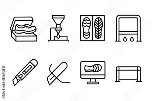 Shoe manufacturing process icons: simple linear designs for modern production themes