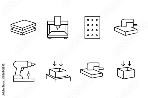 Linear icons of cnc machine process and tools for manufacturing