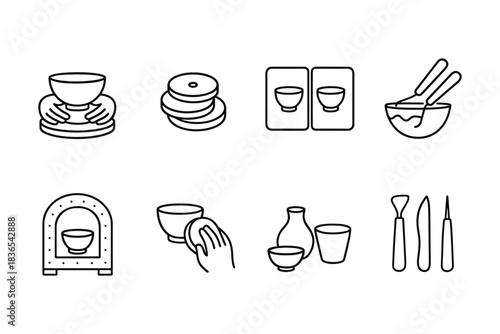 Pottery craft icons: linear set with pottery tools and ceramics