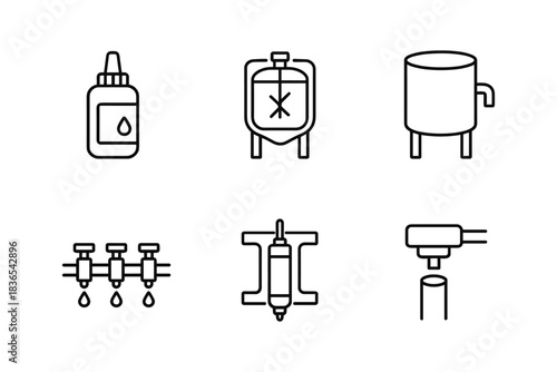 Line art icons of industrial food processing equipment and containers