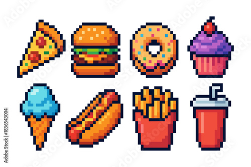 Colorful pixel art fast food icons: pizza, burger, donut, cupcake, ice cream, hot dog, fries, drink