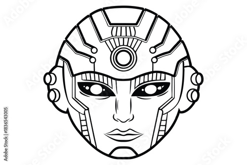 Robotic character with glowing eyes looks forward in this black and white image