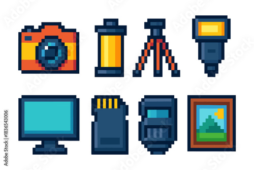 Colorful pixel art photography equipment icons for digital design