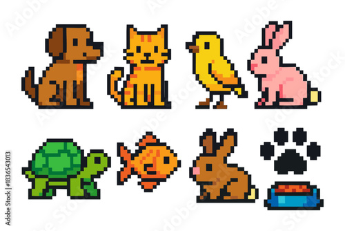 Adorable pixel art animals collection featuring pets and icons