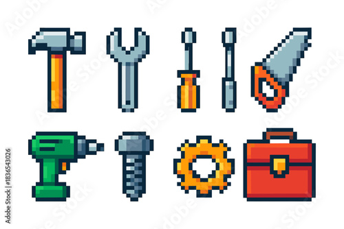 Pixel art tools collection: hammer, wrench, screwdriver, saw, drill, bolt, gear, toolbox
