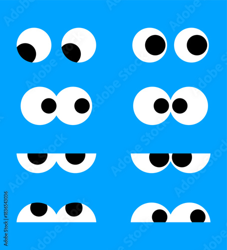 Set of funny cartoon eyes with different expressions on blue background for comic character design
